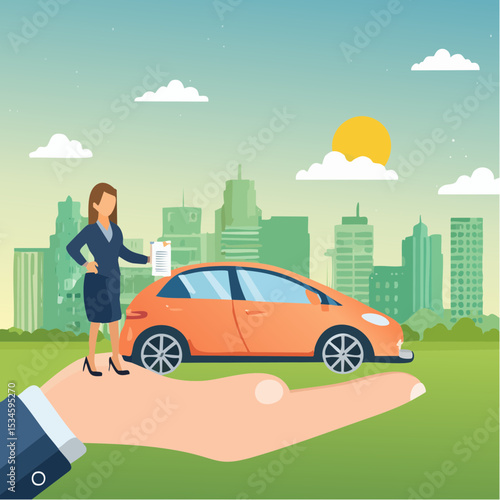 Customer retention, marketing strategy for customer loyalty, employee engagement, recruitment or human resource hiring, consumer care or benefit concept, businessman hand holding customer with car