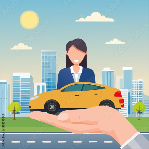 Customer retention, marketing strategy for customer loyalty, employee engagement, recruitment or human resource hiring, consumer care or benefit concept, businessman hand holding customer with car