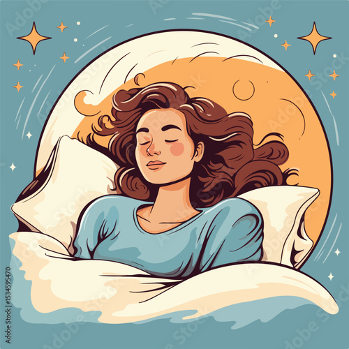 Illustration of a Peaceful Woman Sleeping in Bed - Vector Graphic for Sleep and Relaxation Concepts