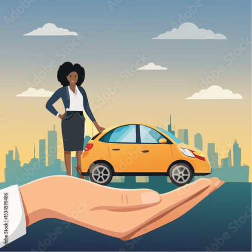Customer retention, marketing strategy for customer loyalty, employee engagement, recruitment or human resource hiring, consumer care or benefit concept, businessman hand holding customer with car