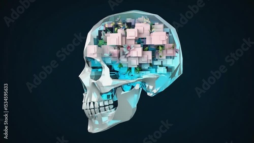 Futuristic digital skull with a colorful brain, showcasing technology and creativity in a dark background