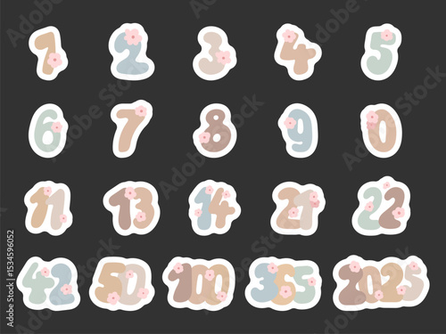 Set of numbers hand drawn numbers decorated with flowers for date, calendar, year, anniversary, celebration, with scandinavian style for yours illustration and creative designs projects