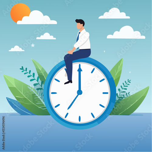 Time management, vision or effort to manage project and foresee problem or opportunity, work deadline or timer countdown, progress or development concept, businessman riding time passing cloc