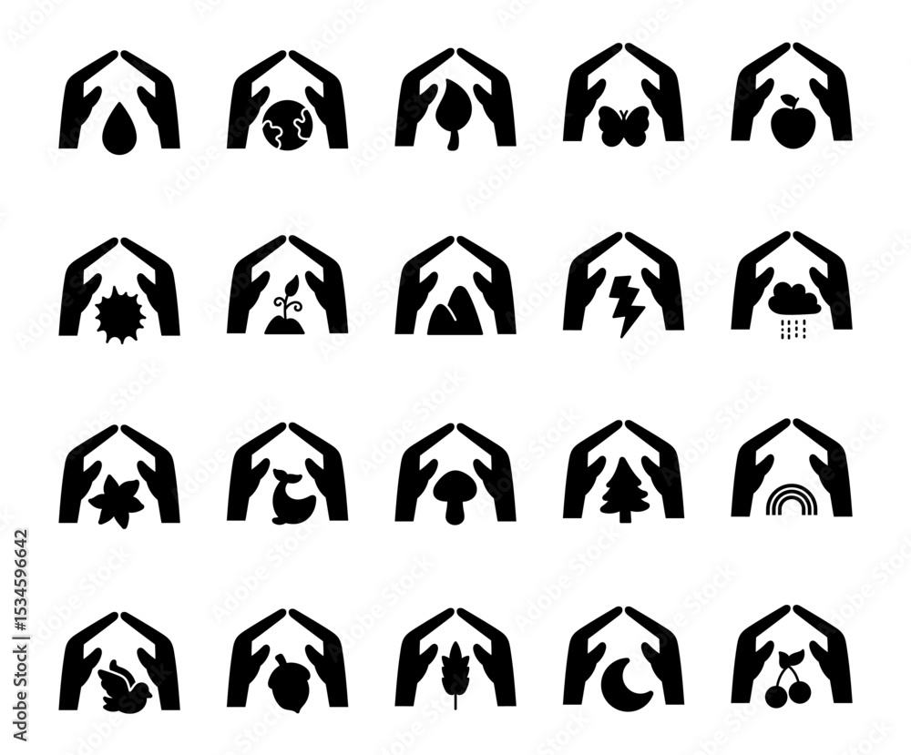 Fototapeta premium Save nature protection set drop, water, planet, earth, leaf, tree, butterfly, apple, sun, sprout, mountain, lightning, cloud, flower, whale, mushroom, spruce, rainbow, dove