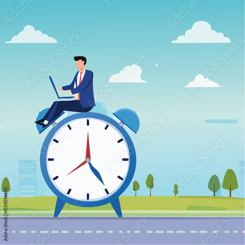 Time management, vision or effort to manage project and foresee problem or opportunity, work deadline or timer countdown, progress or development concept, businessman riding time passing cloc