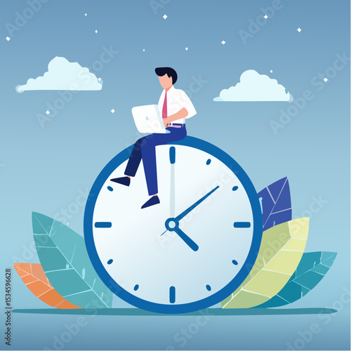Time management, vision or effort to manage project and foresee problem or opportunity, work deadline or timer countdown, progress or development concept, businessman riding time passing cloc