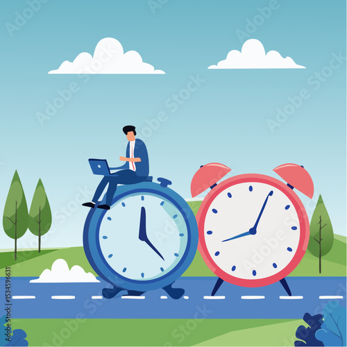 Time management, vision or effort to manage project and foresee problem or opportunity, work deadline or timer countdown, progress or development concept, businessman riding time passing cloc
