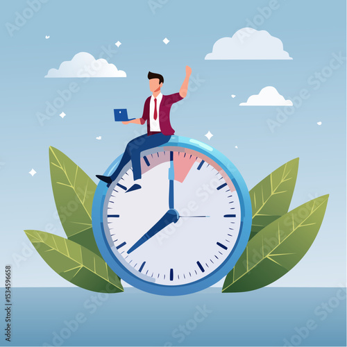 Time management, vision or effort to manage project and foresee problem or opportunity, work deadline or timer countdown, progress or development concept, businessman riding time passing cloc