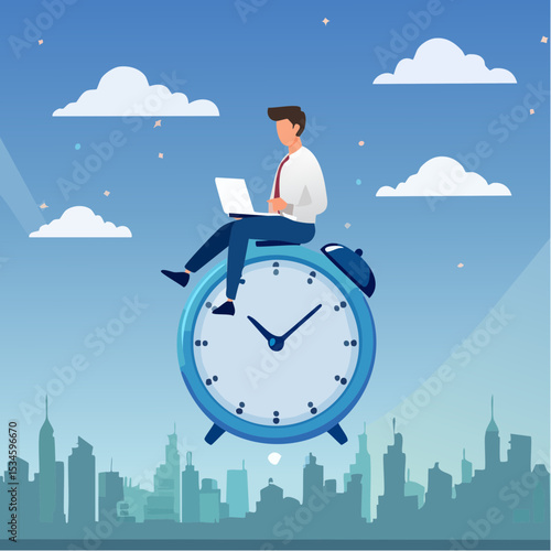 Time management, vision or effort to manage project and foresee problem or opportunity, work deadline or timer countdown, progress or development concept, businessman riding time passing cloc