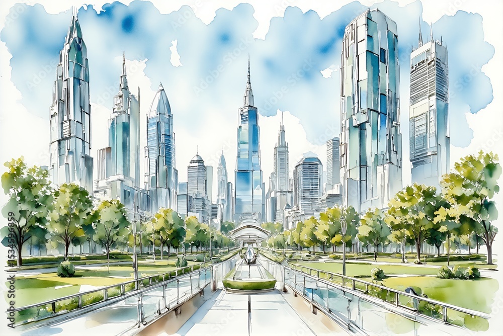 Obraz premium Urban skyline illustration with modern buildings and green park