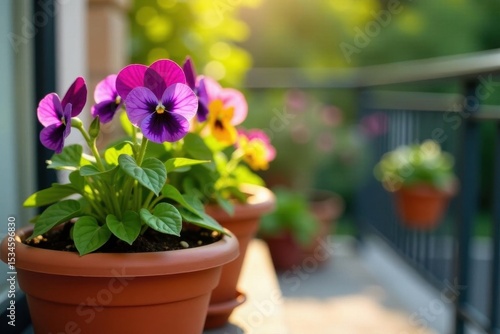 Vibrant violas burst into bloom in a terracotta pot on a sunny balcony , flowers, flowering
