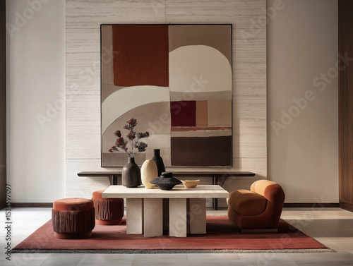 Rustic minimalist interior in cinnamon and taupe color scheme, abstract fabric wall art, hand-knotted rug, stone plinth table