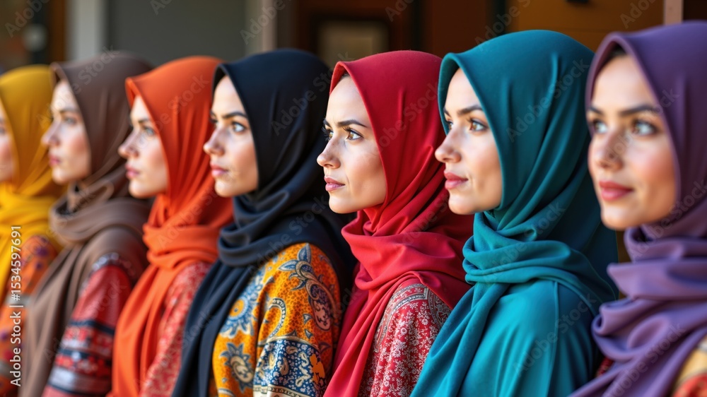 Obraz premium A vibrant display of hijabs in different colors and patterns for fashion catalogs. 