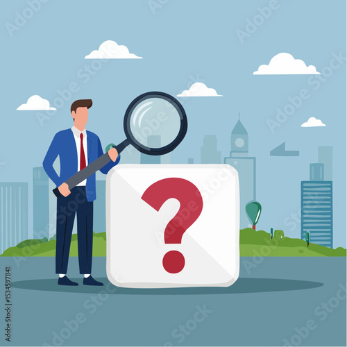 Random or chance to win, gamble, risk management or analyze opportunity, prediction or forecast future, unknown or uncertain concept, businessman with magnifying glass analyze dice with question mar