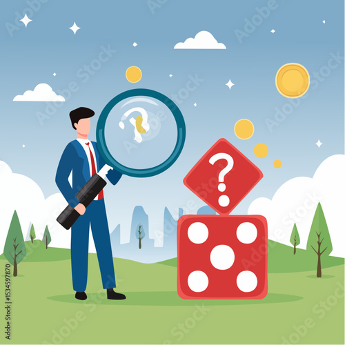 Random or chance to win, gamble, risk management or analyze opportunity, prediction or forecast future, unknown or uncertain concept, businessman with magnifying glass analyze dice with question mar