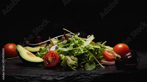 Fresh salad with vibrant vegetables including avocado, tomatoes, and greens on a dark stone background