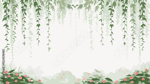 Botanical scenery with hanging vines and pink flowers in a serene and calming watercolor style design