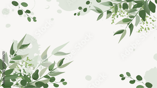 Green foliage and leaves frame a light background with subtle watercolor textures and soft light spots