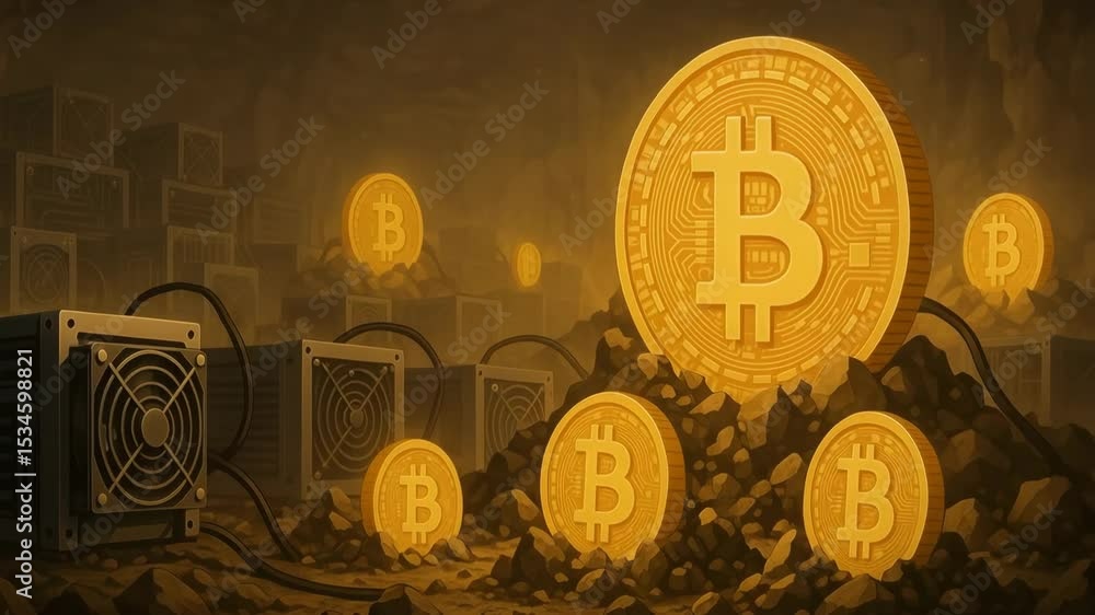 A visually striking representation of cryptocurrency mining, featuring glowing Bitcoin coins amidst dark mining equipment. The ambiance enhances the allure of digital currency.