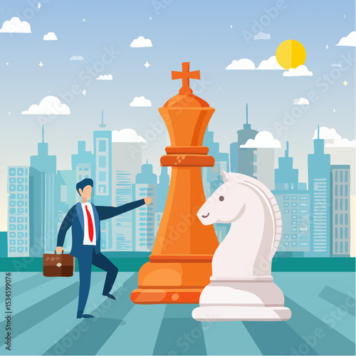 Strategic move, leadership to lead team with strategy, challenge to success, courage and confidence to win business competition concept, businessman riding chess knight lead team to win chess victor