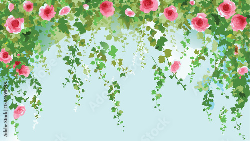 Floral arrangement featuring pink roses and green vines against a light blue background design element