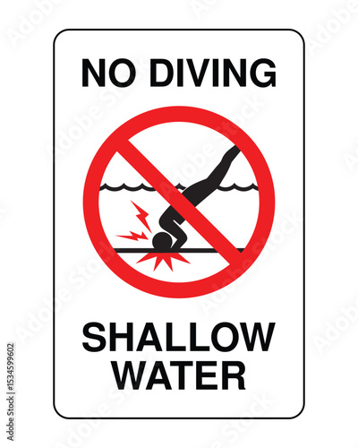 No Diving Shallow Water Warning Sign – Safety Precaution Notice, Hazard Prevention Symbol, Swimming Pool and Beach Alert