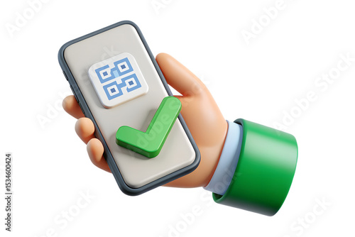Successful qr code scanning confirmation with a green check mark displayed on a smartphone held in a cartoon hand against a black background