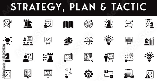 Strategy, plan & tactic Icons set vector illustration with collection of mission, execution, growth, contingency, critical thinking, training, priority, problem solving, market analysis, roadmap, idea