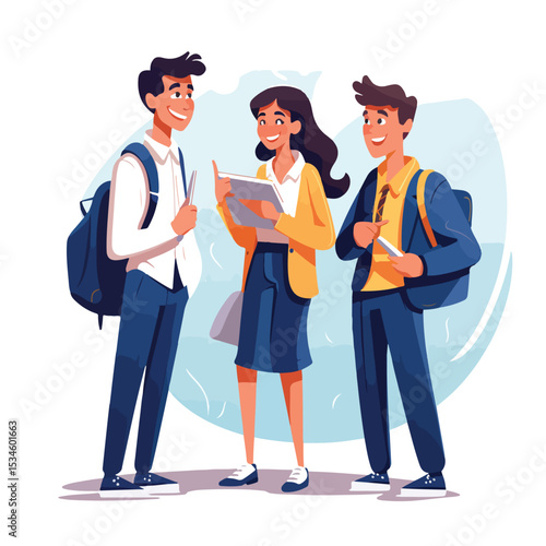Group of Diverse Students Talking and Socializing in High School Environment Vector Illustration