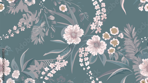 Floral pattern with delicate white flowers and green leaves on a muted teal background design element