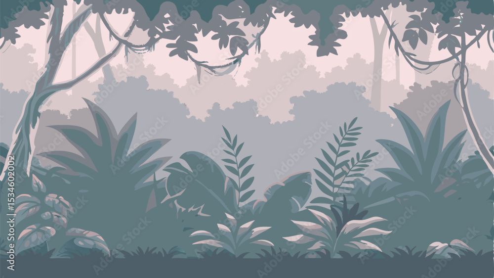 custom made wallpaper toronto digitalIllustration of a dense jungle with various plants and trees in muted colors creating a serene scene