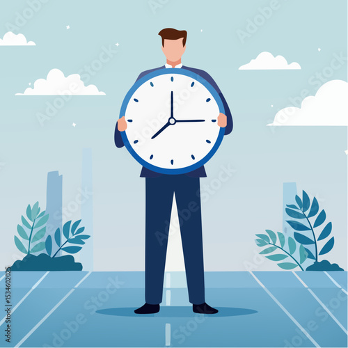 Punctuality, being on time for appointment or schedule, finish work within deadline or timing, meeting reminder or time management concept, punctual businessman holding clock with precise timin