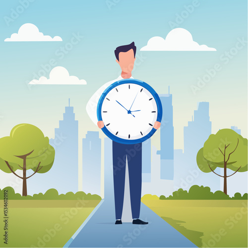 Punctuality, being on time for appointment or schedule, finish work within deadline or timing, meeting reminder or time management concept, punctual businessman holding clock with precise timin