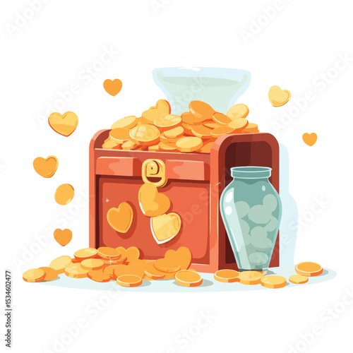 Professional Financial Concept: Box with Money, Coins, Hearts, and Bottle with Coins