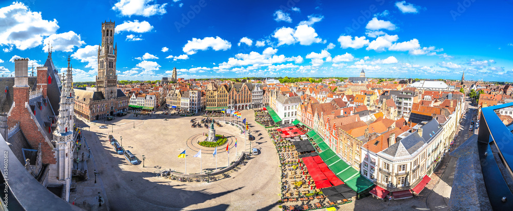 Obraz premium Bruges, Belgium. Panoramic aerial view of Market square and Brugge old town, Bruges city historical centre,