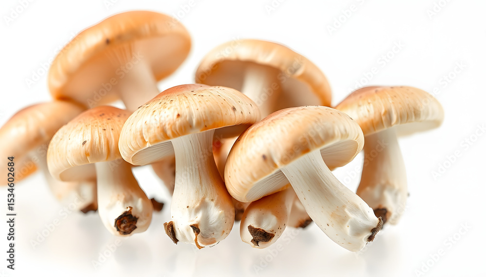 Fototapeta premium - Ultra-detailed macro shot of fresh shiitake mushrooms with transparent backdrop, one line art. isolated with white highlights