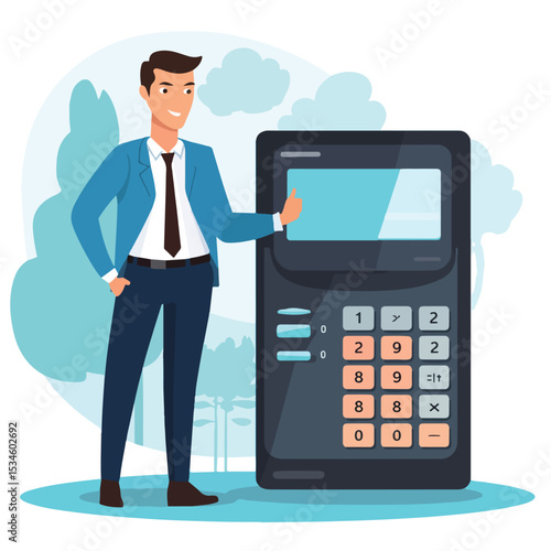 Professional businessmen standing next to a large calculator for financial analysis