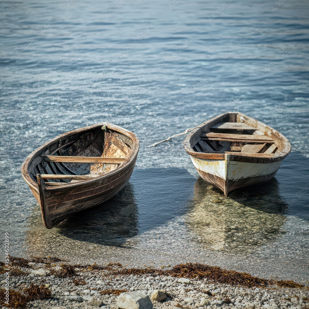 Obraz premium Two wooden boats resting by calm water
