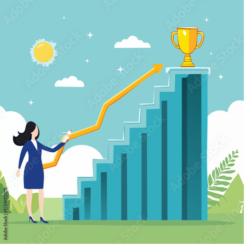 Create stair to success, growth or growing career path, planning for self improvement or leadership motivation, self made success concept, confidence businesswoman draw stair to climb up for succes
