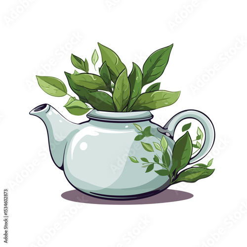 Professional Ceramic Teapot Drink with Leafy Plants Vector Illustration Design