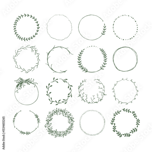 Botanical circle frame. Hand drawn round line border, leaves and flowers, wedding invitation and cards, logo design and posters template. Elegant vector illustration