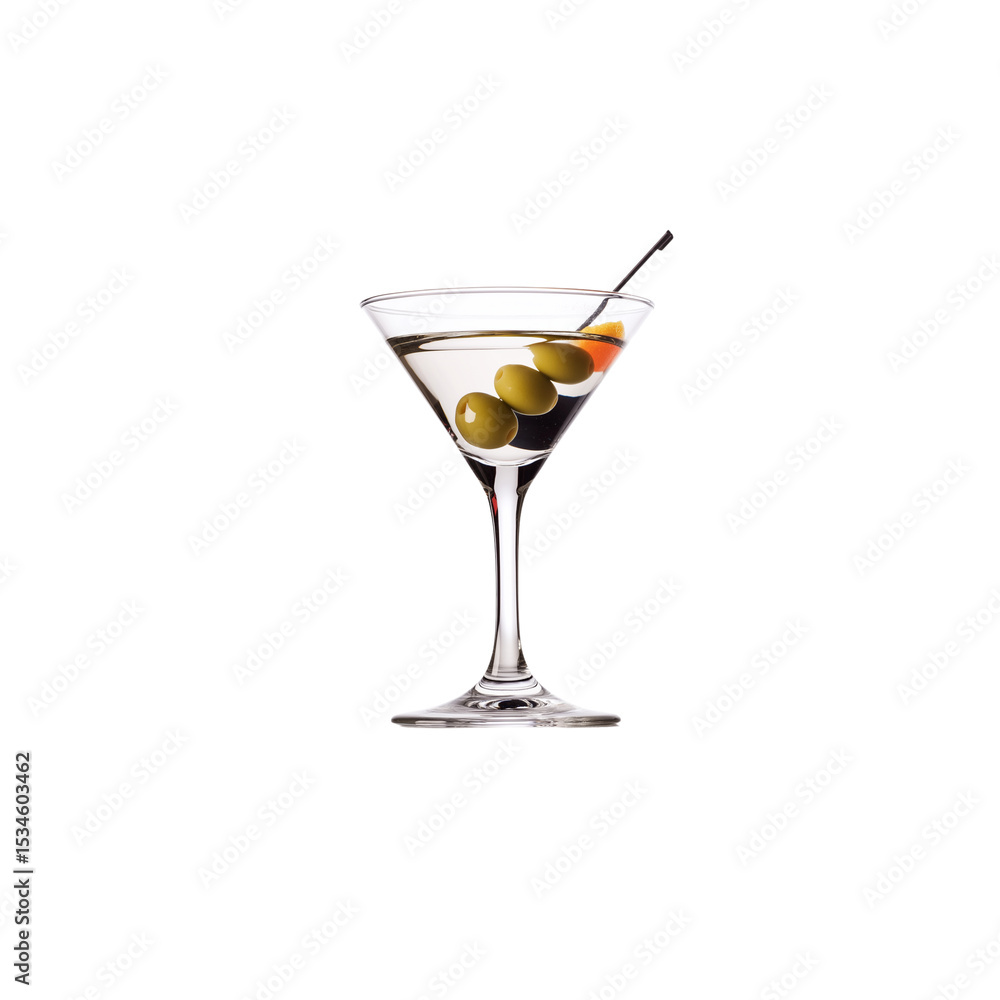 Photo of a martini glass with an olive, white background, Photo of a martini glass with an olive, white background,