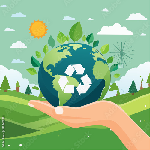 Sustainability, ecology or renewable energy to save the world from climate change or global warming, environmental safe or recycle concept, hand holding sustainable green world with recycle symbo