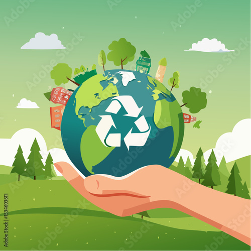 Sustainability, ecology or renewable energy to save the world from climate change or global warming, environmental safe or recycle concept, hand holding sustainable green world with recycle symbo