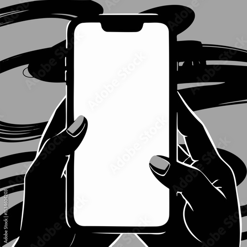 Hands holding smartphone with blank screen against abstract background  
