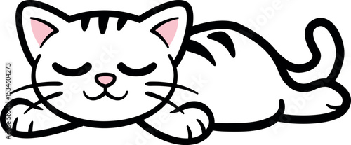 Cute cat stretches out her paws and sleeps deeply and sweetly - simple vector drawing, flat design, png