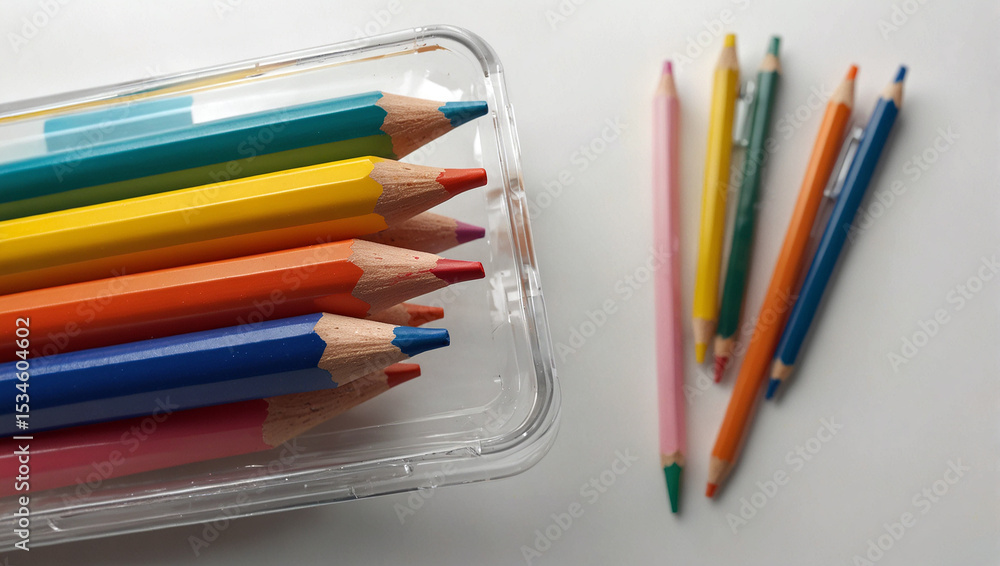 Fototapeta premium Color pencils in a plastic box on a white background, top view. Created using generative AI tools