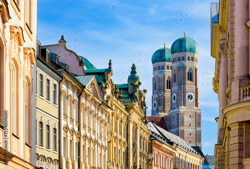 Historic European old town and city centre of Munich with a view of Frauenkirche also Munich Cathedral, the central church and tourist attraction of the Bavarian capital - Munich, Germany