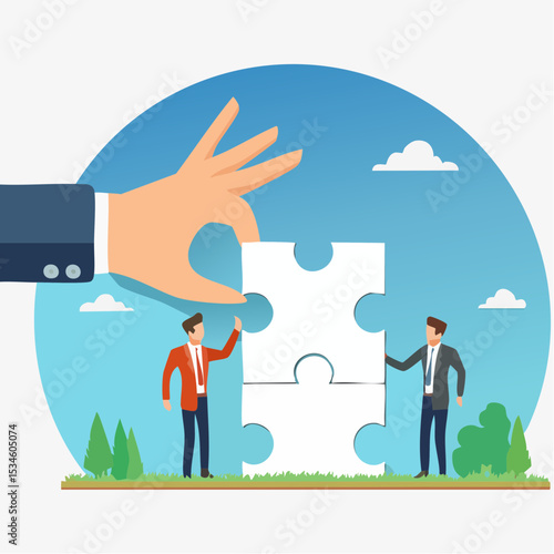 New joiner to fill in team and solve problem, teamwork to get solution, put right man in the right job to fit job description concept, businessman hand HR put new joiner to connect jigsaw puzzl