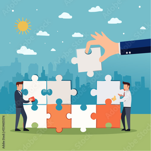 New joiner to fill in team and solve problem, teamwork to get solution, put right man in the right job to fit job description concept, businessman hand HR put new joiner to connect jigsaw puzzl